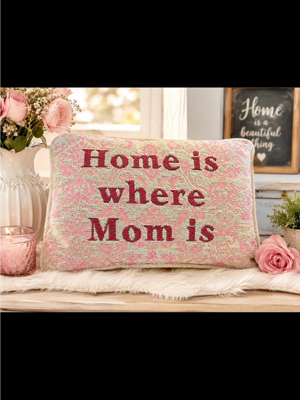 Home is Where Mom Is Pink Accent Pillow - Decorative Throw Cushion
